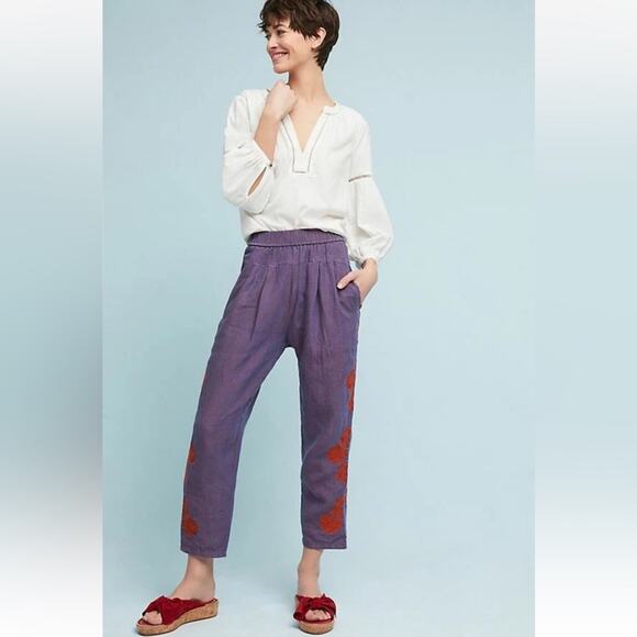Anthropologie Embroidered Linen Pull On Pants Purple/Orange Size XS Artsy Boho - Picture 3 of 15